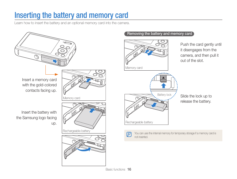 Inserting the battery and memory card | Samsung EC-PL120ZBPBUS User Manual | Page 17 / 127