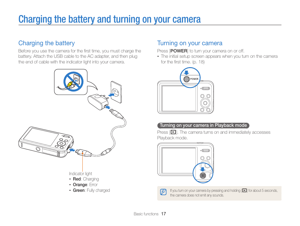Charging the battery and turning on your camera, Charging the battery, Turning on your camera | Charging the battery and turning on your, Camera, Charging the battery ……………………… 17, Turning on your camera ………………… 17 | Samsung EC-PL120ZBPBUS User Manual | Page 18 / 127