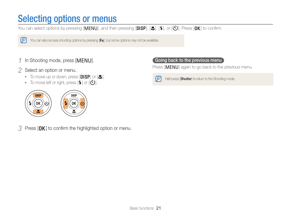 Selecting options or menus | Samsung EC-PL120ZBPBUS User Manual | Page 22 / 127