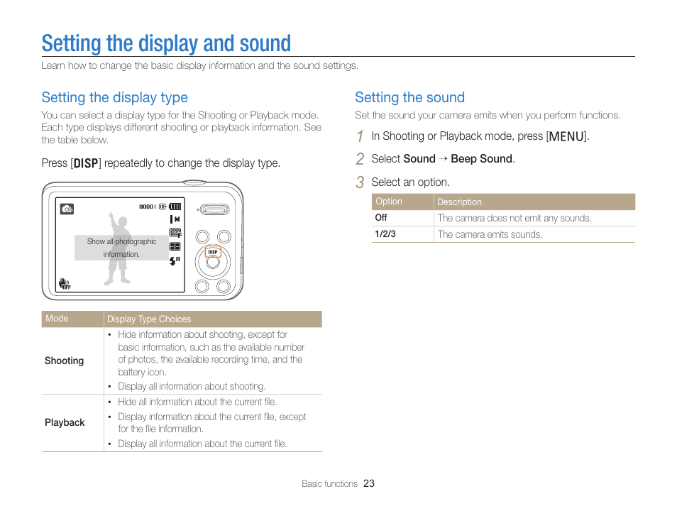 Setting the display and sound, Setting the display type, Setting the sound | Setting the display type …………………… 23, Setting the sound ………………………… 23 | Samsung EC-PL120ZBPBUS User Manual | Page 24 / 127