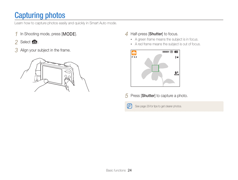 Capturing photos | Samsung EC-PL120ZBPBUS User Manual | Page 25 / 127