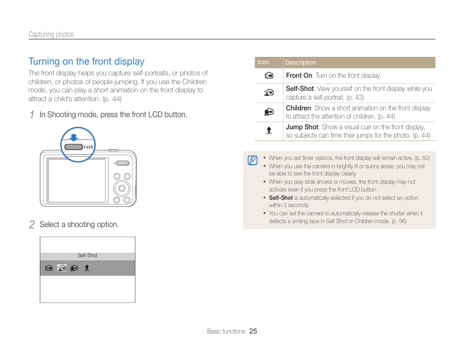 Turning on the front display, Turning on the front display ……………… 25 | Samsung EC-PL120ZBPBUS User Manual | Page 26 / 127