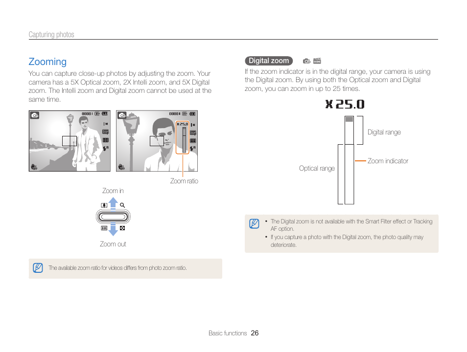 Zooming, Zooming ………………………………… 26 | Samsung EC-PL120ZBPBUS User Manual | Page 27 / 127