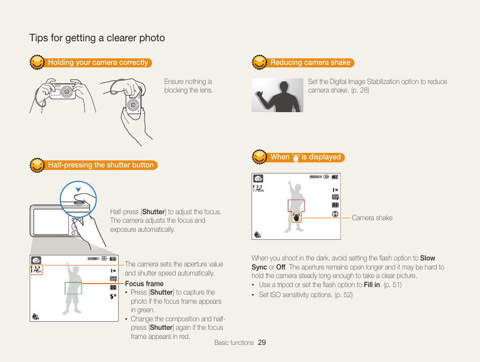 Tips for getting a clearer photo, To ensure the subject is focused. (p. 29) | Samsung EC-PL120ZBPBUS User Manual | Page 30 / 127