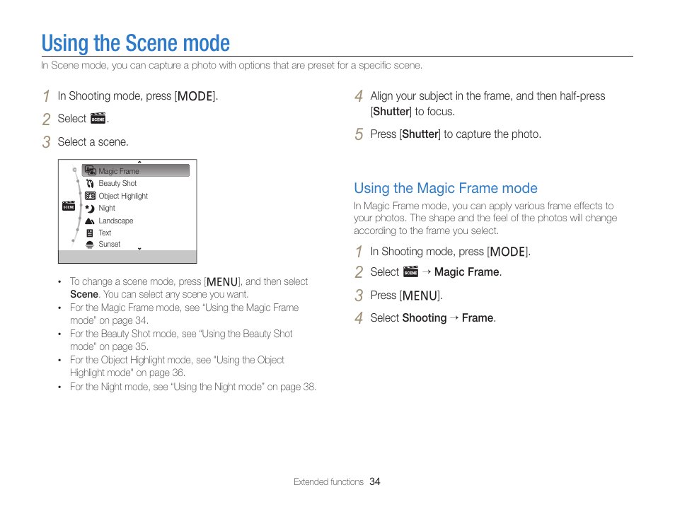 Using the scene mode, Using the magic frame mode, Mode. (p. 34) | Using the magic frame mode …………… 34 | Samsung EC-PL120ZBPBUS User Manual | Page 35 / 127