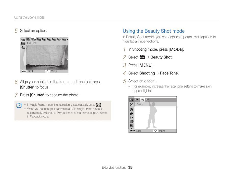 Using the beauty shot mode, Using the beauty shot mode …………… 35 | Samsung EC-PL120ZBPBUS User Manual | Page 36 / 127