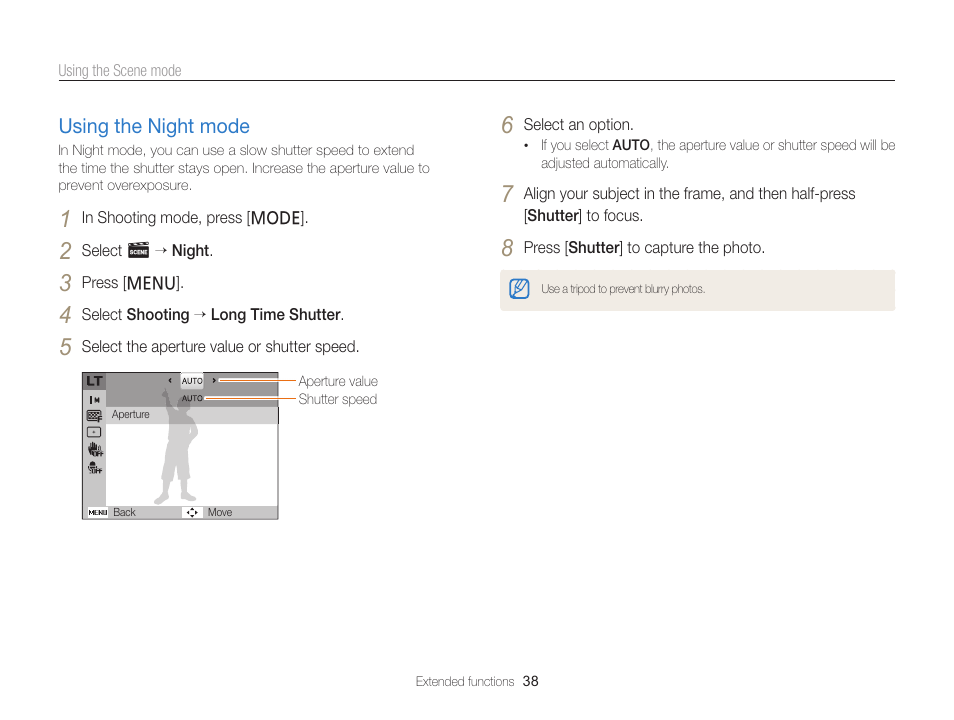 Using the night mode, Using the night mode …………………… 38 | Samsung EC-PL120ZBPBUS User Manual | Page 39 / 127