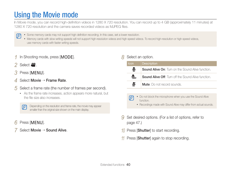 Using the movie mode | Samsung EC-PL120ZBPBUS User Manual | Page 41 / 127