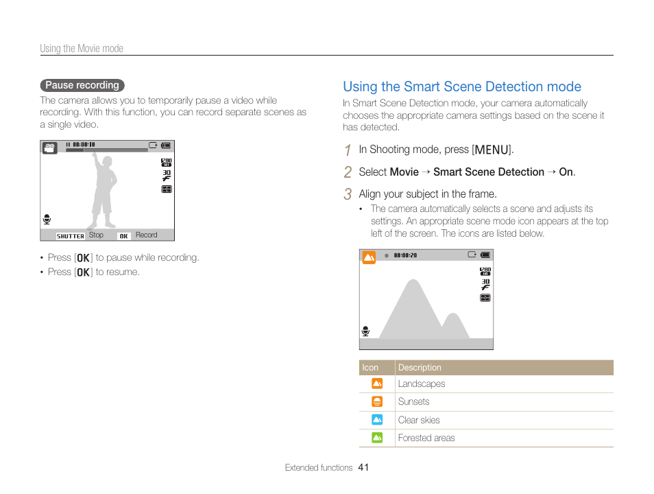 Using the smart scene detection mode, Using the smart scene detection mode … 41 | Samsung EC-PL120ZBPBUS User Manual | Page 42 / 127