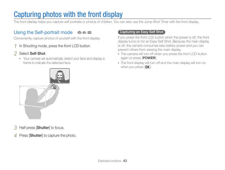 Capturing photos with the front display, Using the self-portrait mode, Using the self-portrait mode ……………… 43 | Samsung EC-PL120ZBPBUS User Manual | Page 44 / 127