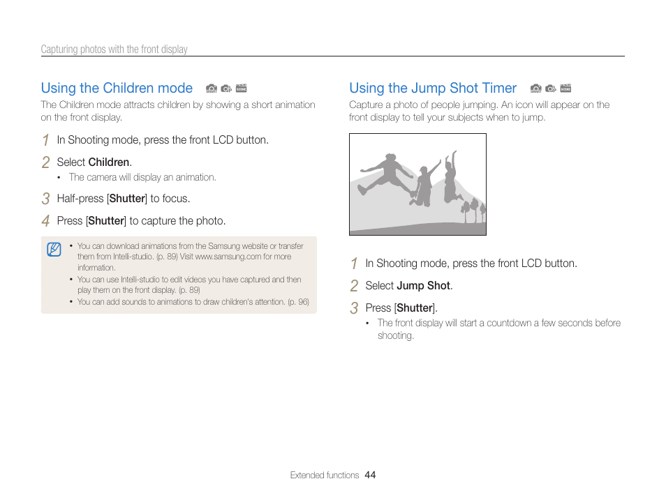 Using the children mode, Using the jump shot timer, Using the children mode ………………… 44 | Using the jump shot timer ……………… 44 | Samsung EC-PL120ZBPBUS User Manual | Page 45 / 127