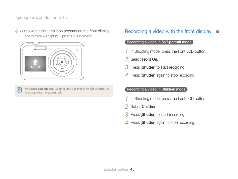 Recording a video with the front display, Recording a video with the front display … 45 | Samsung EC-PL120ZBPBUS User Manual | Page 46 / 127