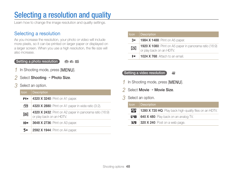Selecting a resolution and quality, Selecting a resolution, Selecting a resolution …………………… 48 | Samsung EC-PL120ZBPBUS User Manual | Page 49 / 127