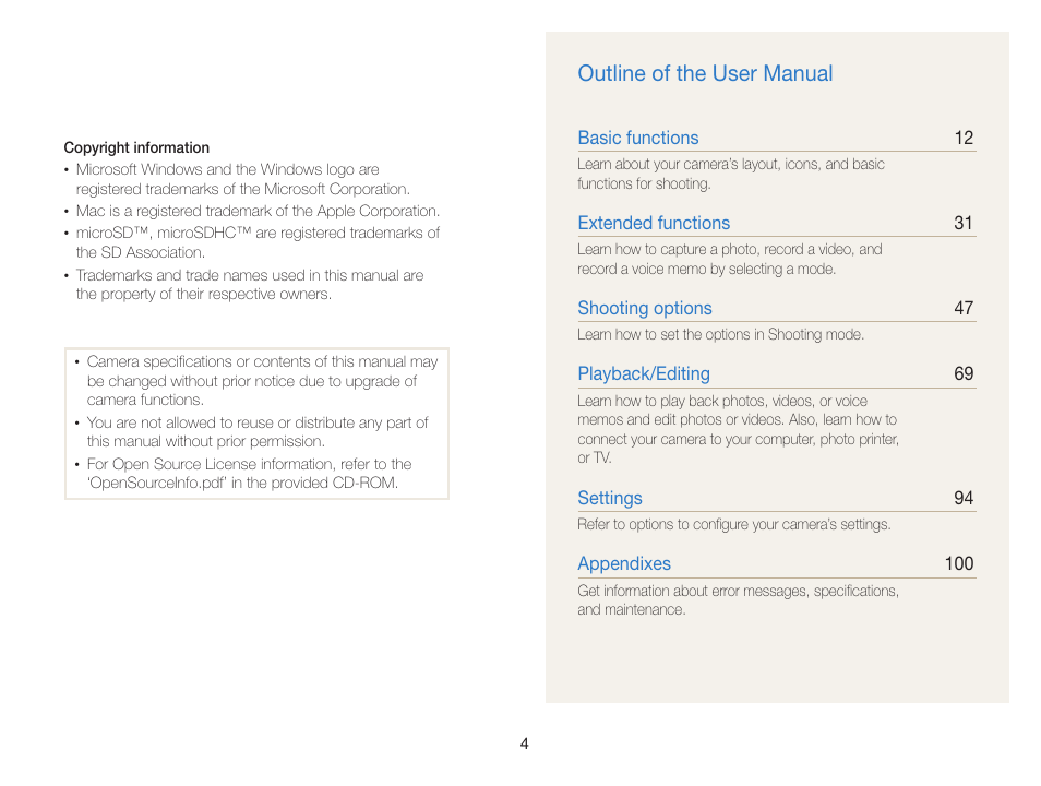 Outline of the user manual | Samsung EC-PL120ZBPBUS User Manual | Page 5 / 127