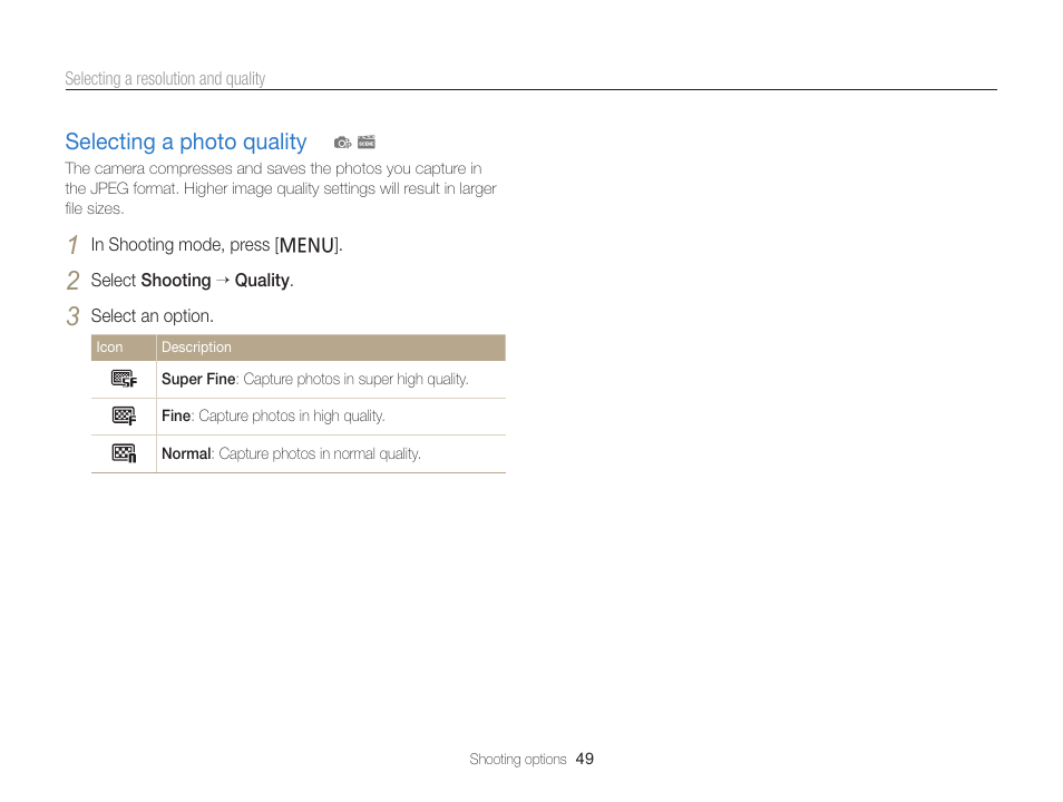 Selecting a photo quality, Selecting a photo quality ………………… 49 | Samsung EC-PL120ZBPBUS User Manual | Page 50 / 127