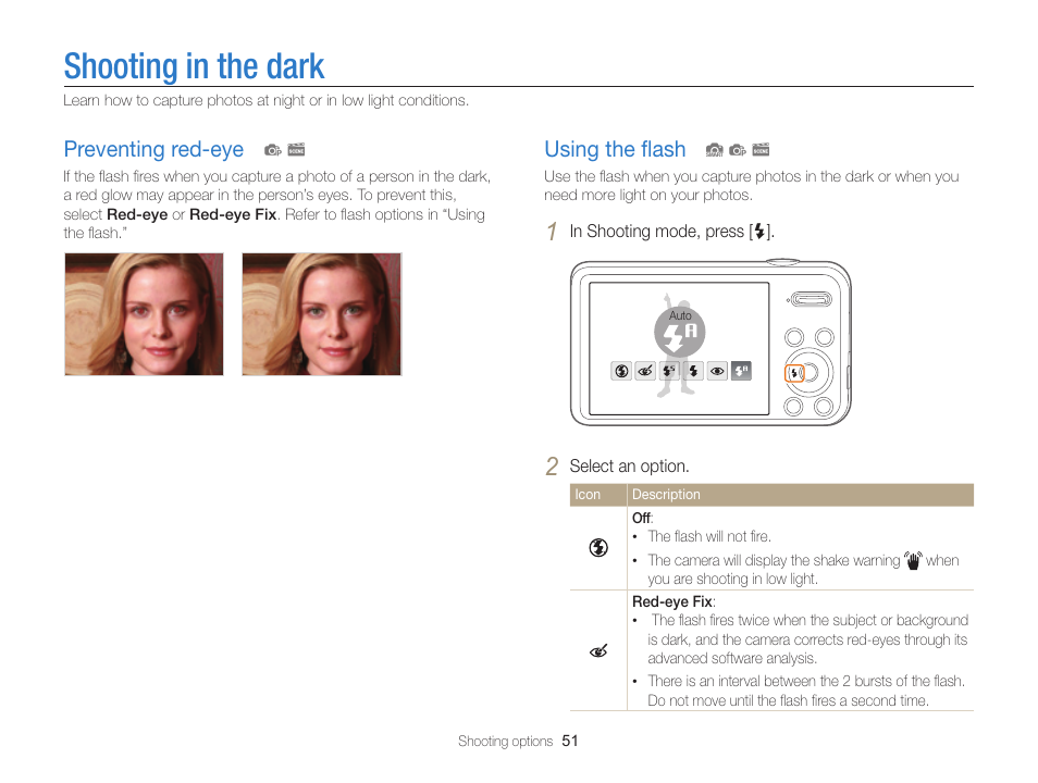 Shooting in the dark, Preventing red-eye, Using the flash | P. 51), Urn on the ﬂash. (p. 51), Using the ﬂash, Preventing red-eye ……………………… 51, Using the ﬂash …………………………… 51 | Samsung EC-PL120ZBPBUS User Manual | Page 52 / 127