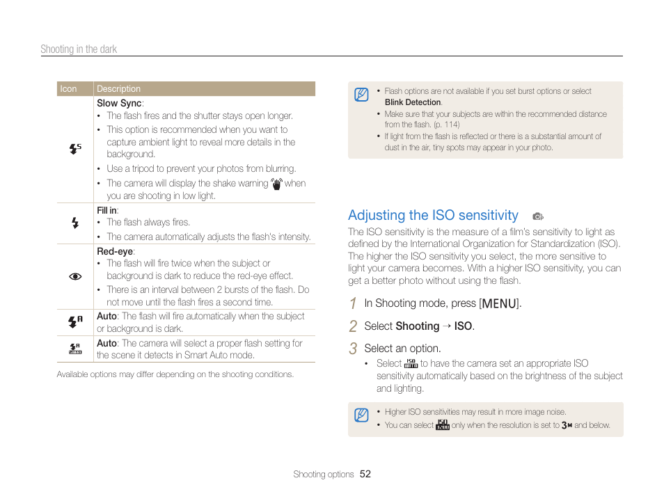 Adjusting the iso sensitivity, Set iso sensitivity options. (p. 52), Adjusting the iso sensitivity ……………… 52 | Samsung EC-PL120ZBPBUS User Manual | Page 53 / 127