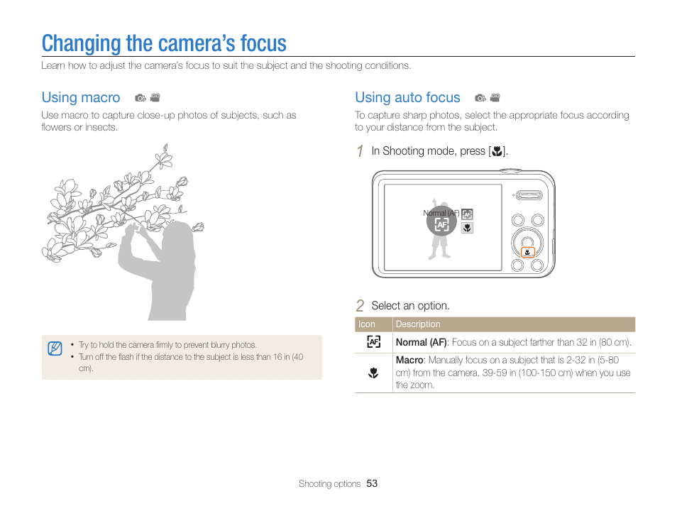 Changing the camera’s focus, Using macro, Using auto focus | Using macro ……………………………… 53, Using auto focus ………………………… 53 | Samsung EC-PL120ZBPBUS User Manual | Page 54 / 127