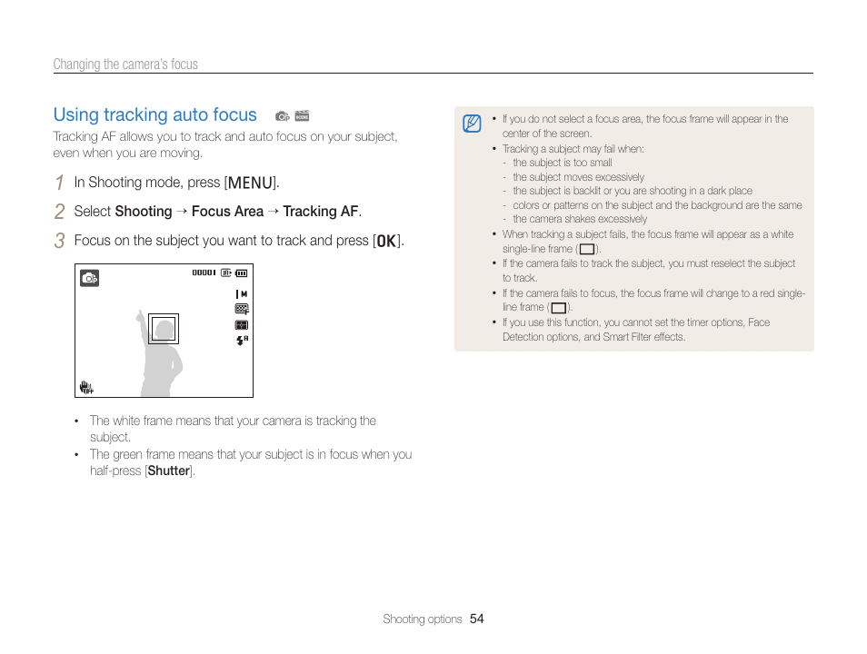 Using tracking auto focus, Using tracking auto focus ………………… 54 | Samsung EC-PL120ZBPBUS User Manual | Page 55 / 127