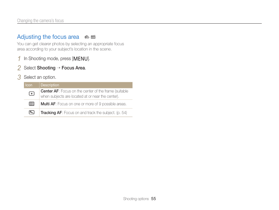 Adjusting the focus area, Adjusting the focus area ………………… 55 | Samsung EC-PL120ZBPBUS User Manual | Page 56 / 127