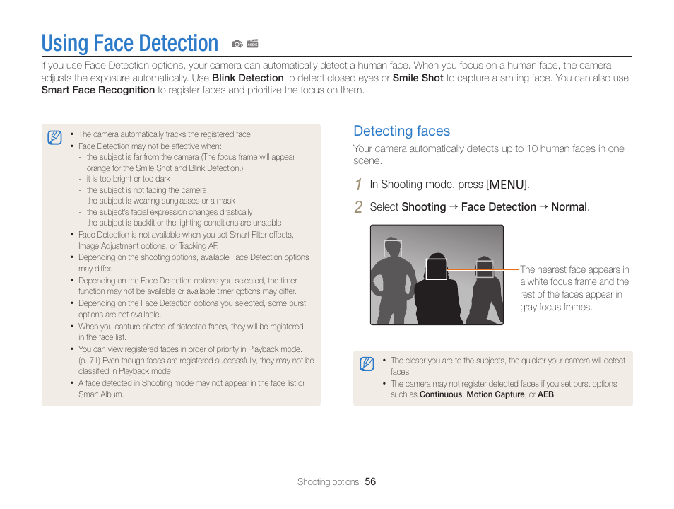 Using face detection, Detecting faces, Detecting faces …………………………… 56 | Samsung EC-PL120ZBPBUS User Manual | Page 57 / 127