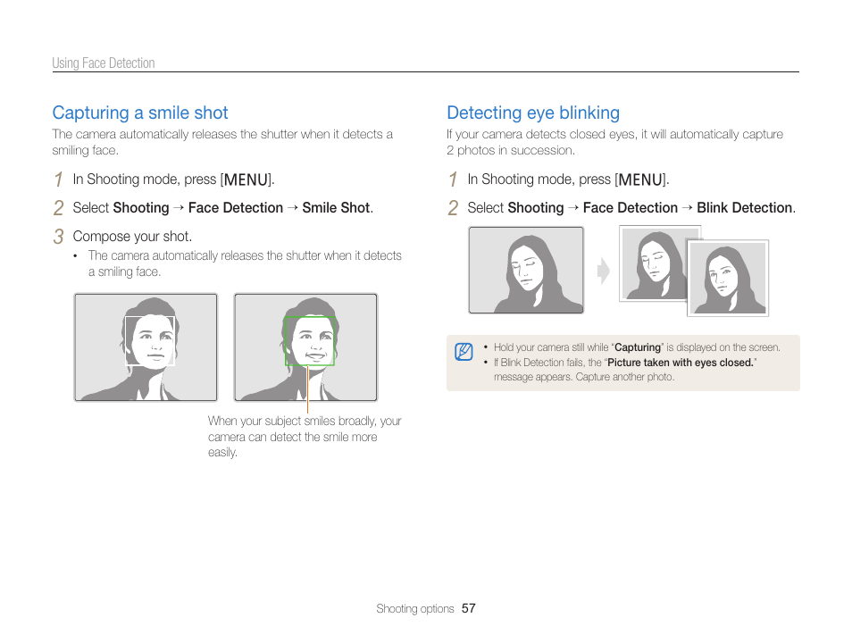 Capturing a smile shot, Detecting eye blinking, Capturing a smile shot …………………… 57 | Detecting eye blinking …………………… 57 | Samsung EC-PL120ZBPBUS User Manual | Page 58 / 127