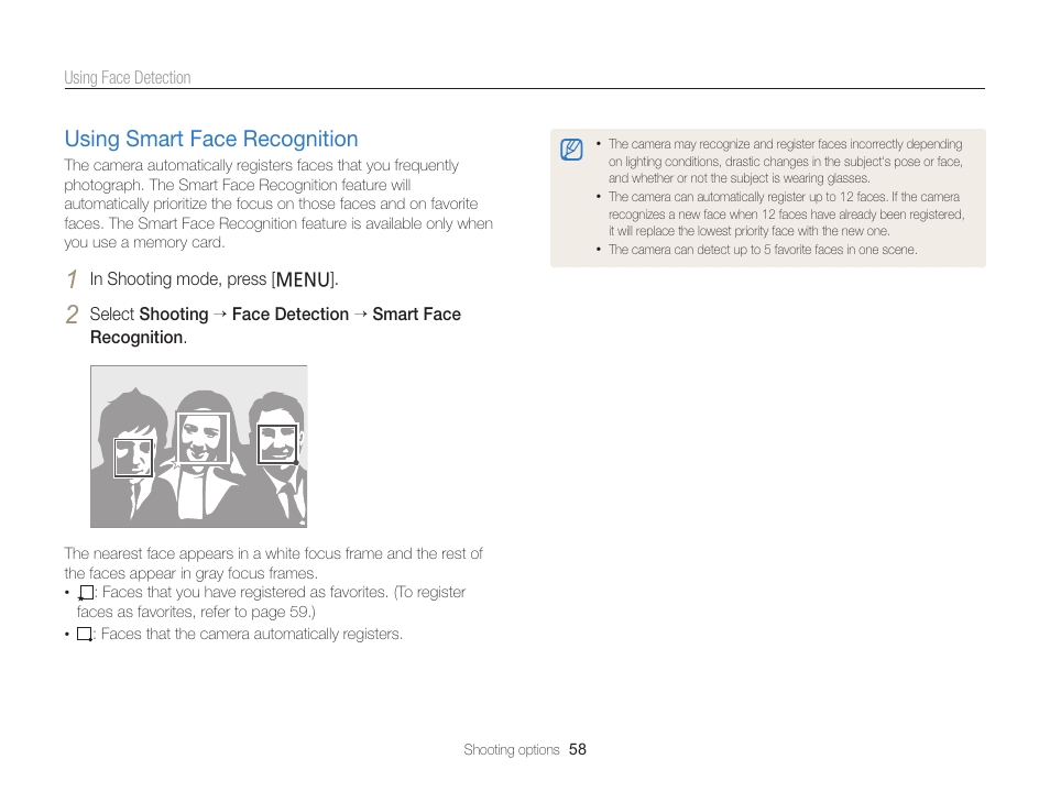Using smart face recognition, Using smart face recognition …………… 58 | Samsung EC-PL120ZBPBUS User Manual | Page 59 / 127