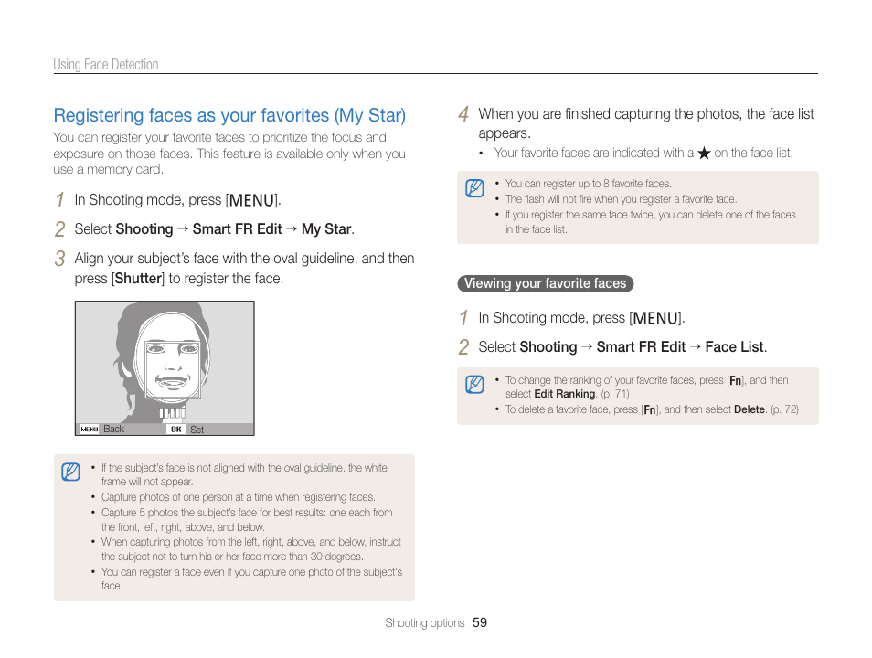 Registering faces as your favorites (my star), Registering faces as your favorites, My star) ………………………………… 59 | Samsung EC-PL120ZBPBUS User Manual | Page 60 / 127