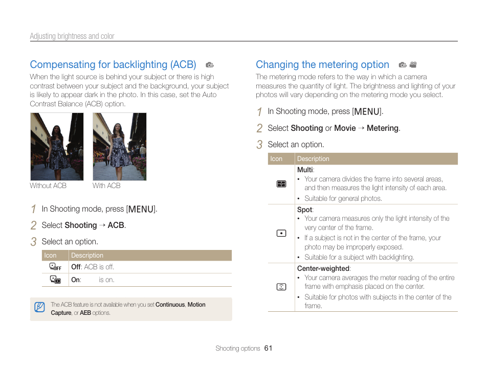 Compensating for backlighting (acb), Changing the metering option, Option. (p. 61) | Compensating for backlighting (acb) …… 61, Changing the metering option …………… 61 | Samsung EC-PL120ZBPBUS User Manual | Page 62 / 127