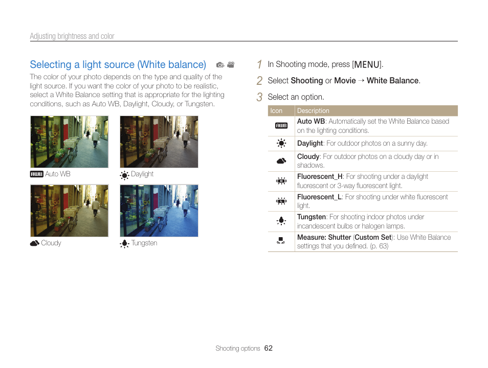 Selecting a light source (white balance), Selecting a light source (white balance) … 62 | Samsung EC-PL120ZBPBUS User Manual | Page 63 / 127