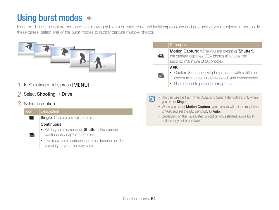 Using burst modes | Samsung EC-PL120ZBPBUS User Manual | Page 65 / 127