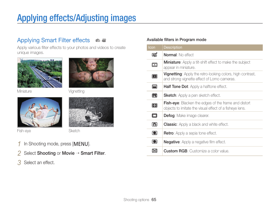 Applying effects/adjusting images, Applying smart filter effects, Applying smart filter effects ……………… 65 | Samsung EC-PL120ZBPBUS User Manual | Page 66 / 127