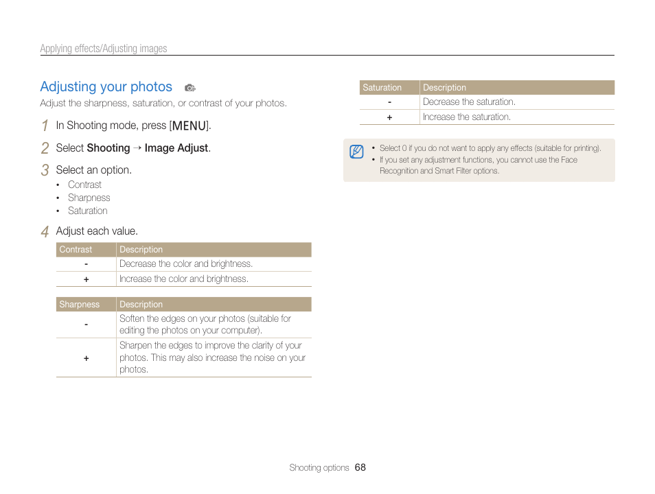 Adjusting your photos, Adjusting your photos …………………… 68 | Samsung EC-PL120ZBPBUS User Manual | Page 69 / 127