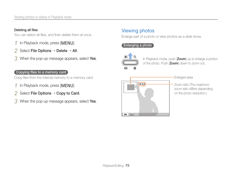 Viewing photos, Viewing photos …………………………… 75 | Samsung EC-PL120ZBPBUS User Manual | Page 76 / 127