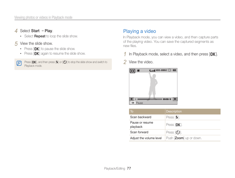 Playing a video, Playing a video …………………………… 77 | Samsung EC-PL120ZBPBUS User Manual | Page 78 / 127