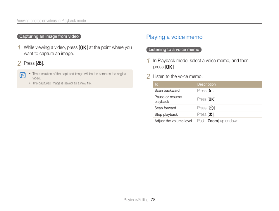 Playing a voice memo, Playing a voice memo …………………… 78 | Samsung EC-PL120ZBPBUS User Manual | Page 79 / 127