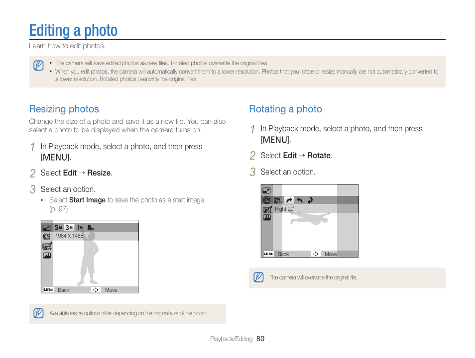 Editing a photo, Resizing photos, Rotating a photo | Resizing photos …………………………… 80, Rotating a photo ………………………… 80 | Samsung EC-PL120ZBPBUS User Manual | Page 81 / 127