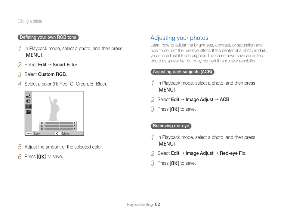 Adjusting your photos, In the edit menu. (p. 82), Adjusting your photos …………………… 82 | Samsung EC-PL120ZBPBUS User Manual | Page 83 / 127