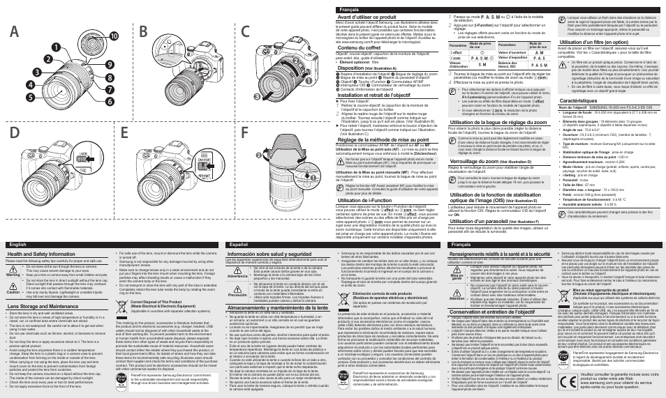 Avant d’utiliser ce produit, Contenu du coffret, Disposition | Installation et retrait de l’objectif, Réglage de la méthode de mise au point, Utilisation de i-function, Utilisation de la bague de réglage du zoom, Verrouillage du zoom, Utilisation d’un parasoleil, Health and safety information | Samsung EX-L18200MB-US User Manual | Page 2 / 2