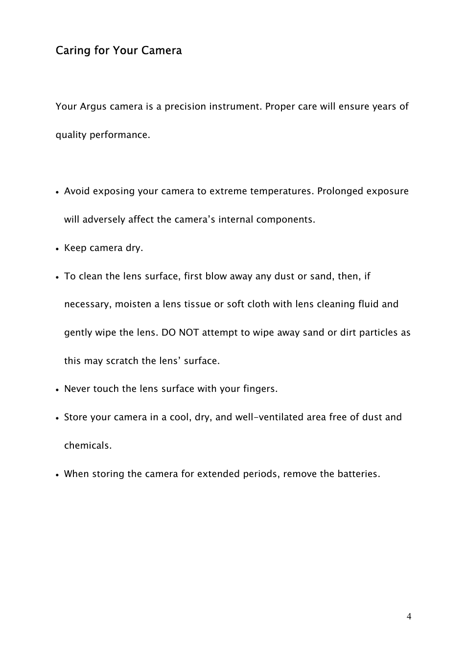 Caring for your camera | Argus Camera DC2250 User Manual | Page 4 / 11
