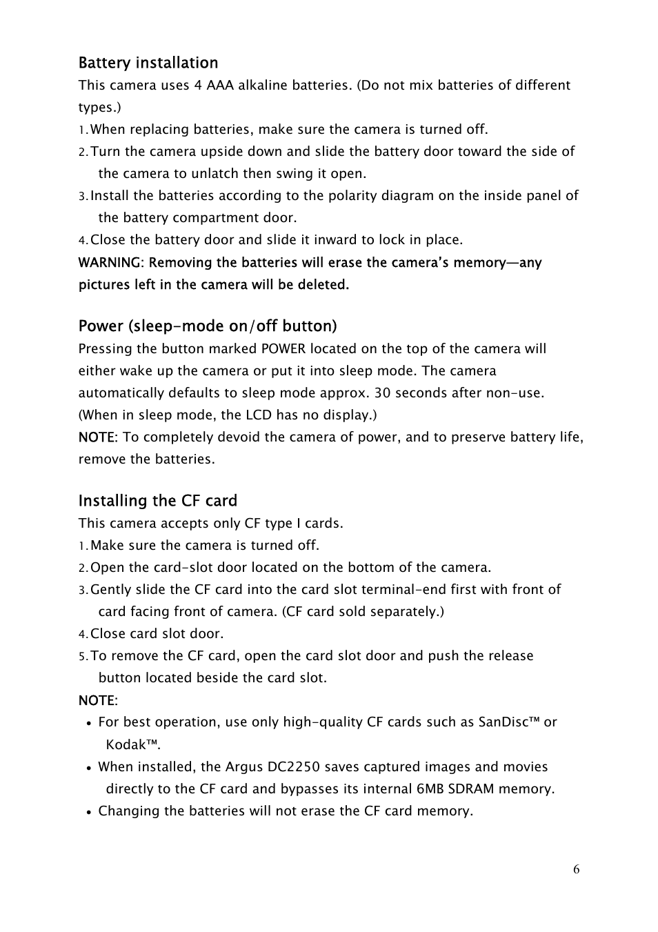 Battery installation, Power (sleep-mode on/off button), Installing the cf card | Argus Camera DC2250 User Manual | Page 6 / 11