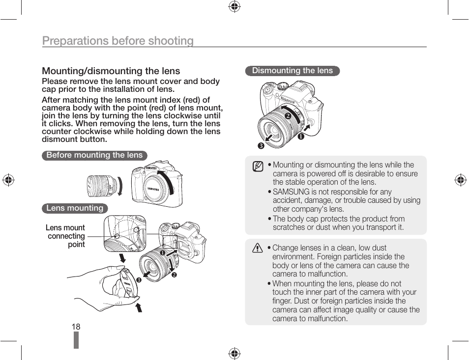 Preparations before shooting | Samsung ES-NX10ZZSEB User Manual | Page 18 / 100