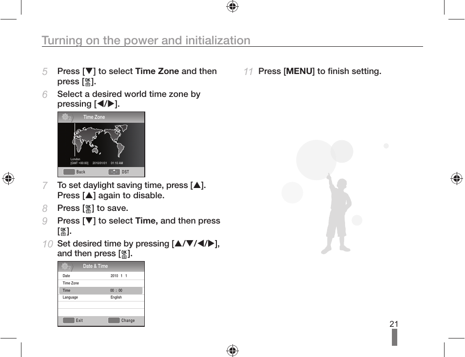 Turning on the power and initialization | Samsung ES-NX10ZZSEB User Manual | Page 21 / 100