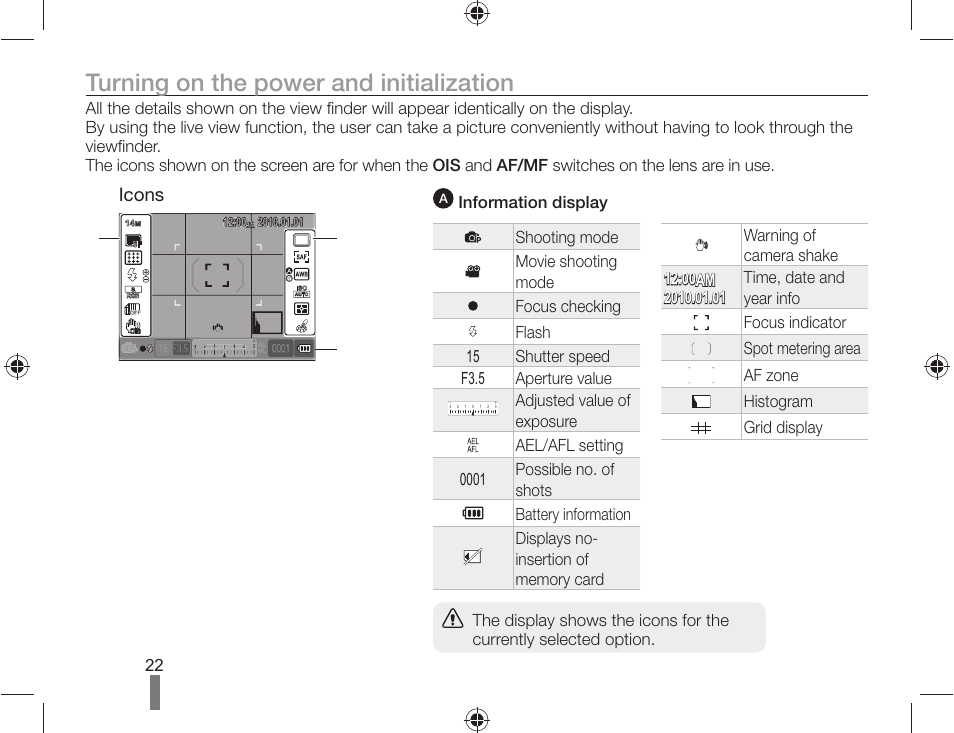 Turning on the power and initialization, Icons | Samsung ES-NX10ZZSEB User Manual | Page 22 / 100