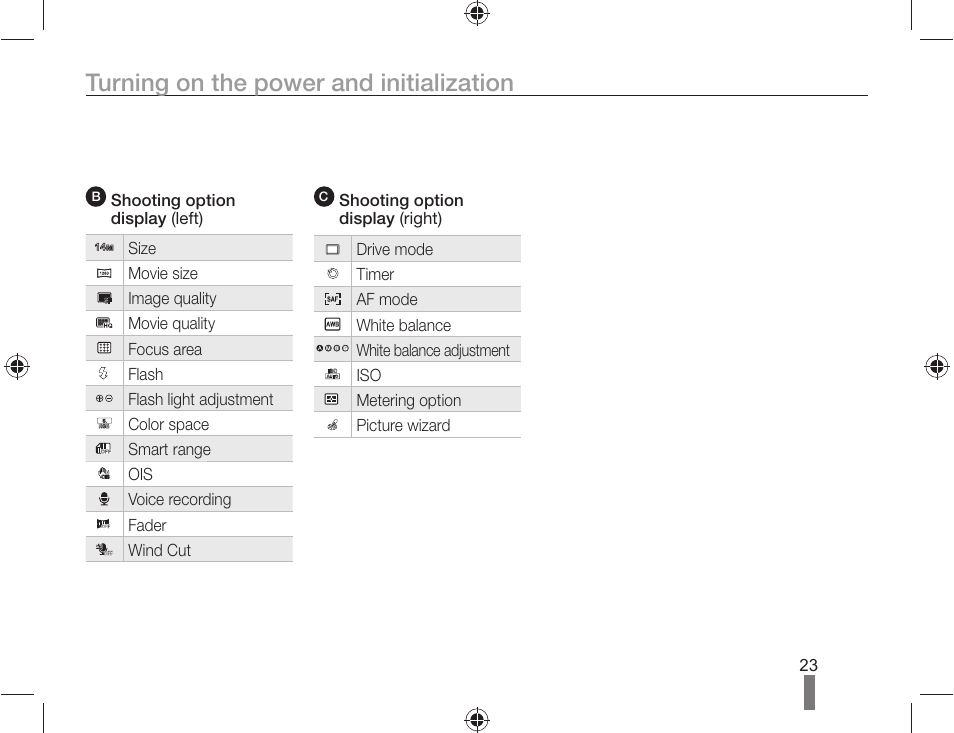 Turning on the power and initialization | Samsung ES-NX10ZZSEB User Manual | Page 23 / 100