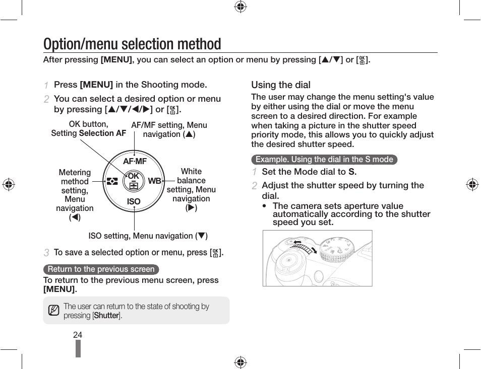 Option/menu selection method | Samsung ES-NX10ZZSEB User Manual | Page 24 / 100