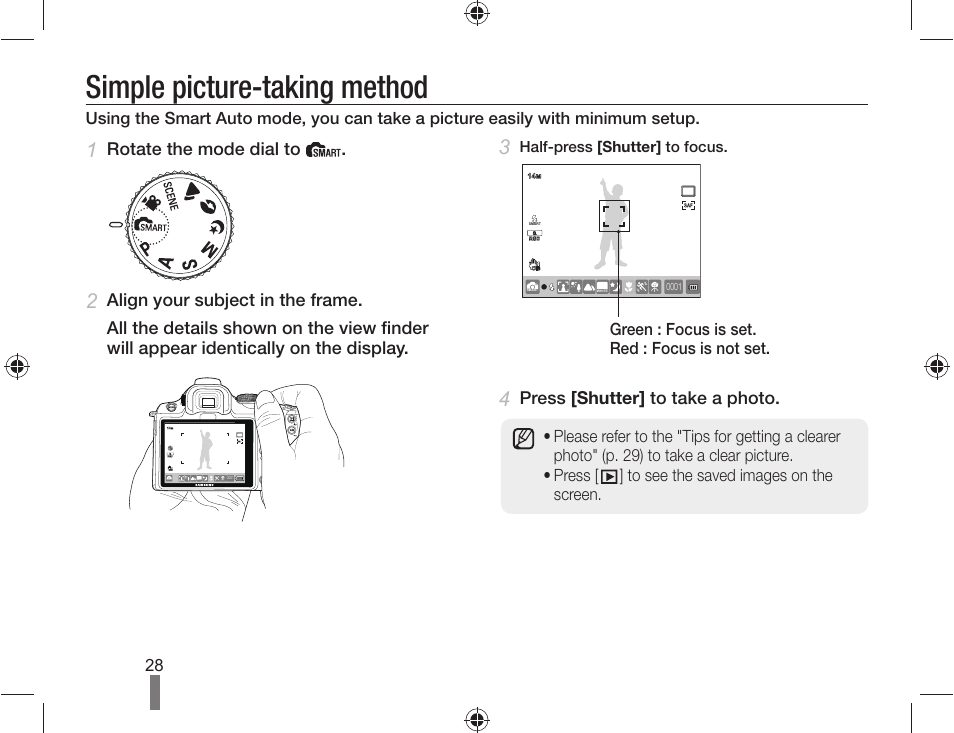 Simple picture-taking method, Rotate the mode dial to, Press [shutter] to take a photo | Samsung ES-NX10ZZSEB User Manual | Page 28 / 100