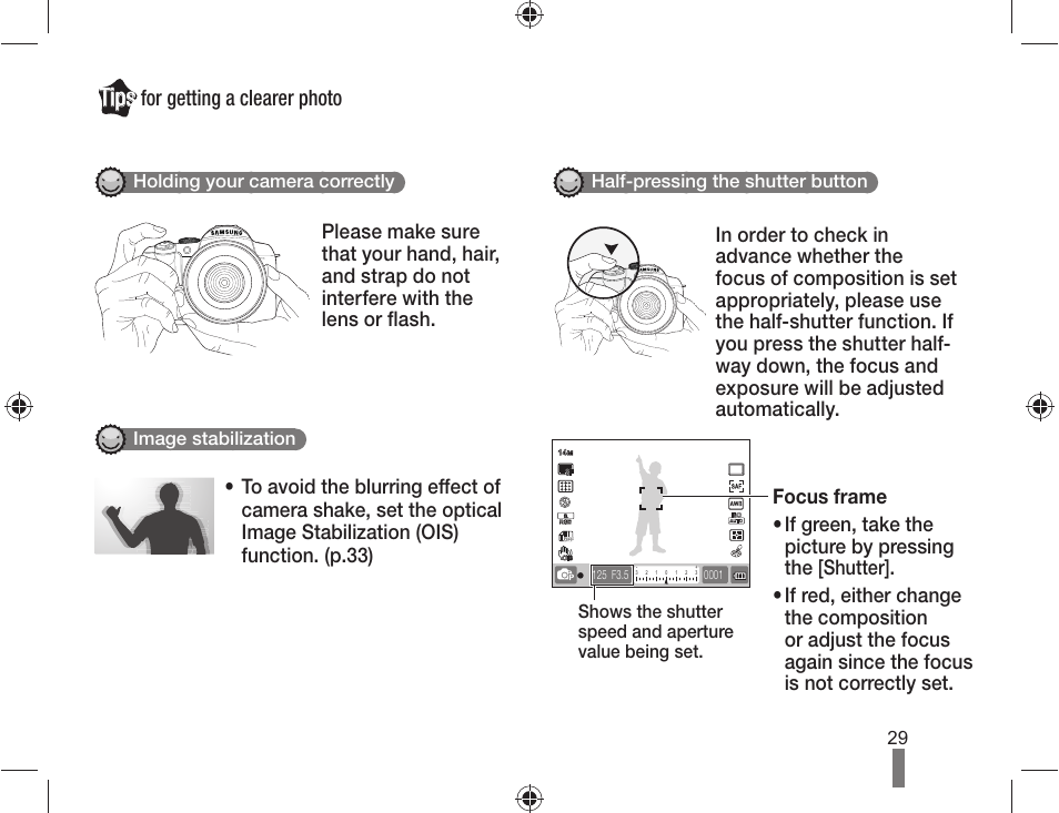 Tips, For getting a clearer photo | Samsung ES-NX10ZZSEB User Manual | Page 29 / 100