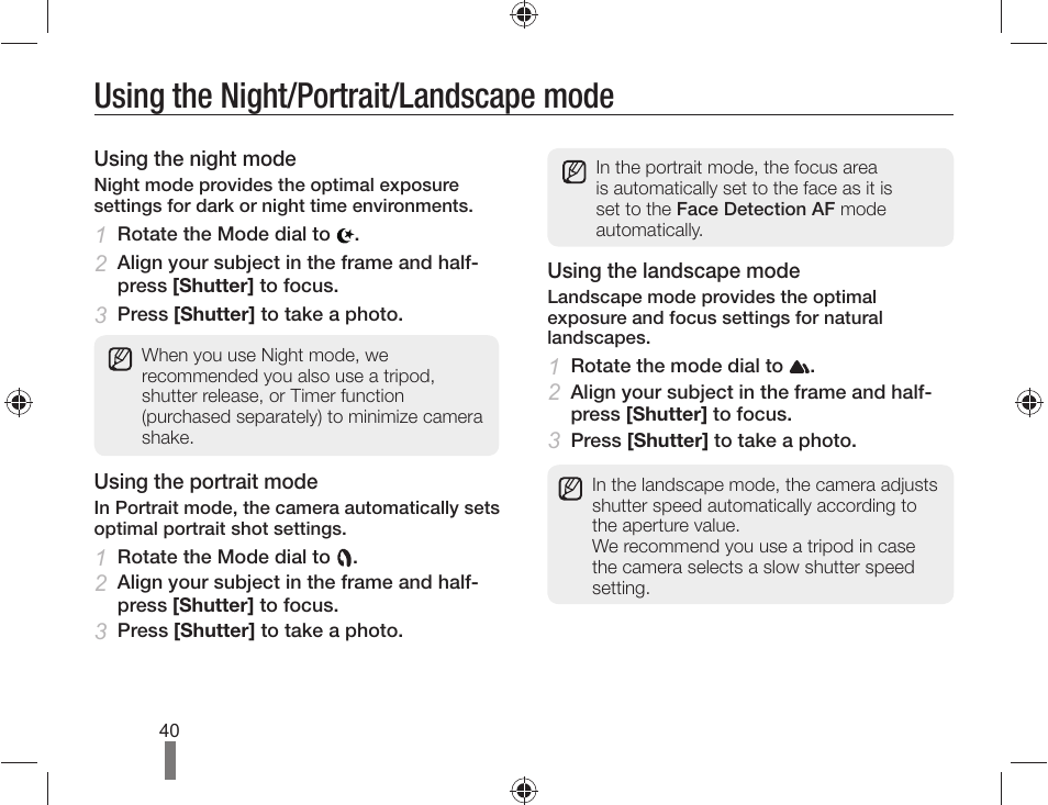 Using the night/portrait/landscape mode | Samsung ES-NX10ZZSEB User Manual | Page 40 / 100