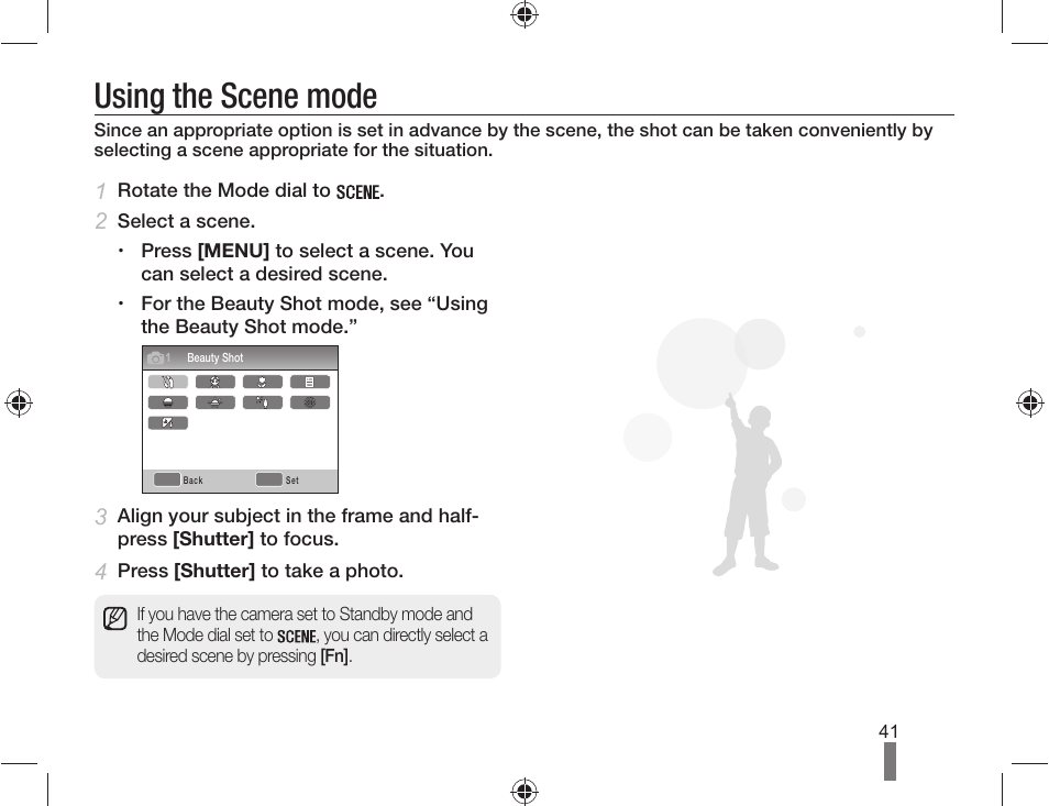 Using the scene mode | Samsung ES-NX10ZZSEB User Manual | Page 41 / 100